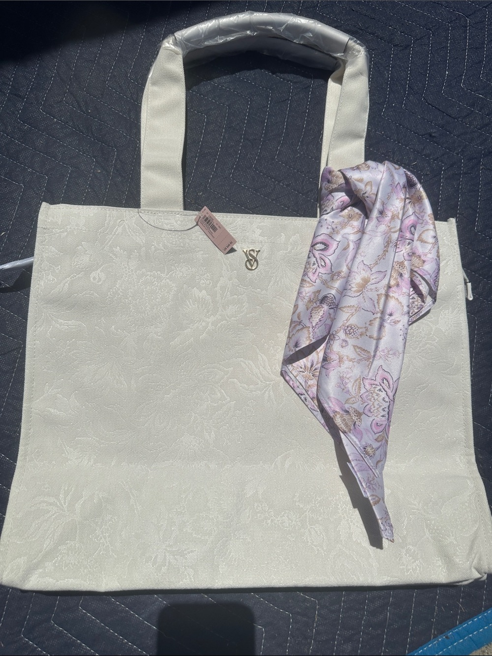 Victoria's Secret Cream Tote with Lavender Floral Scarf